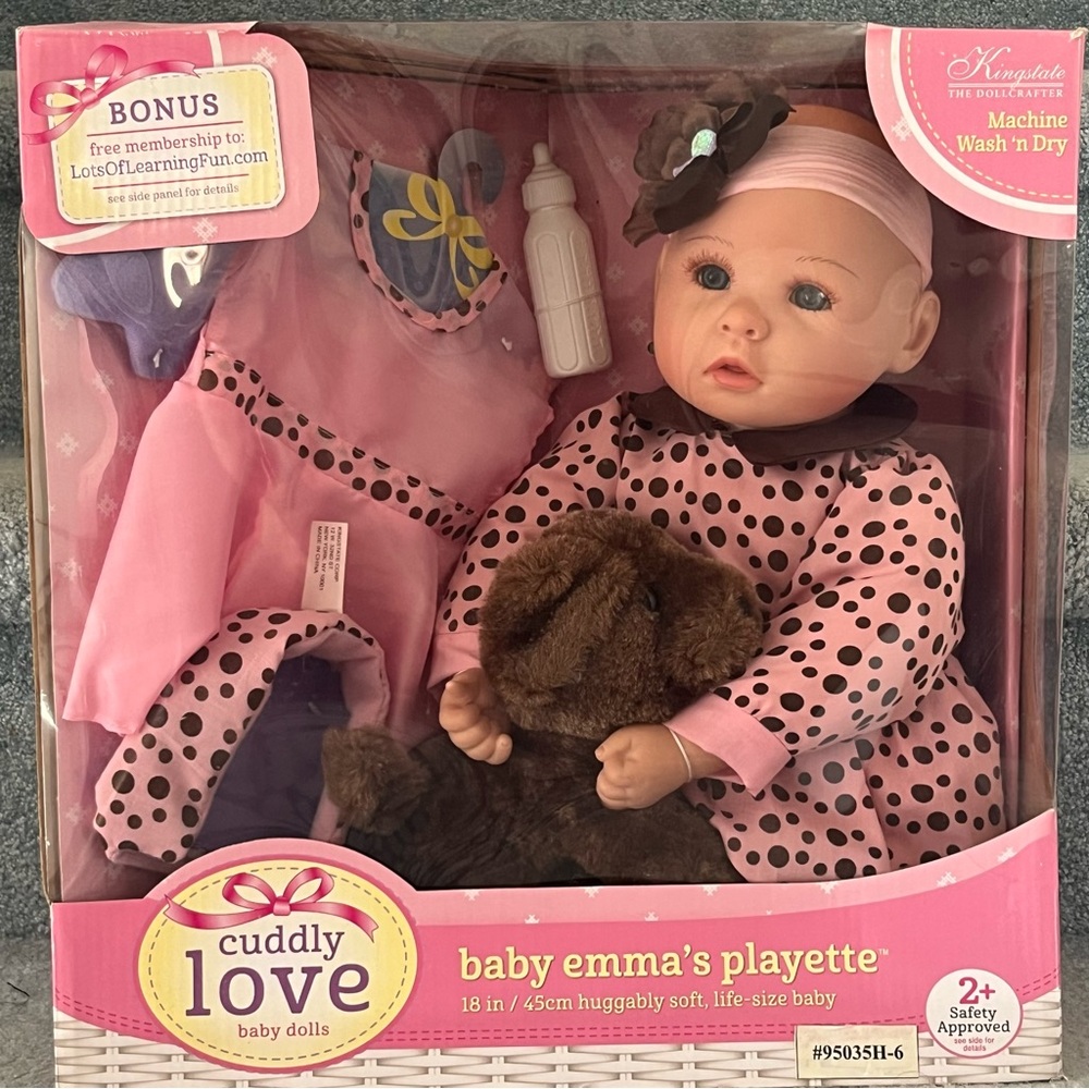 New! Kingstate Cuddly Love Baby Emma's Playette - Soft Baby Doll in Pink/Brown